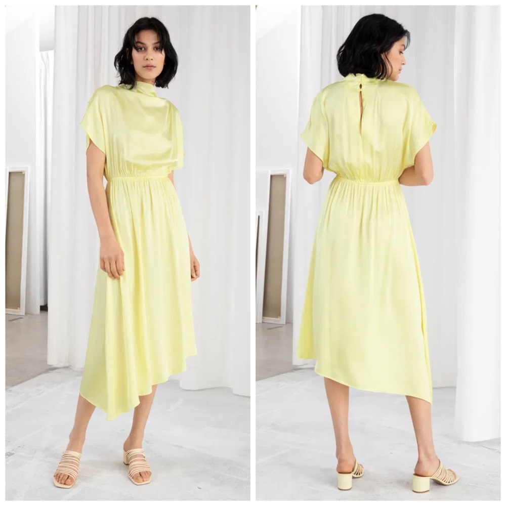 & Other Stories Asymmetric Satin High Neck Midi Dress Yellow Size US 8